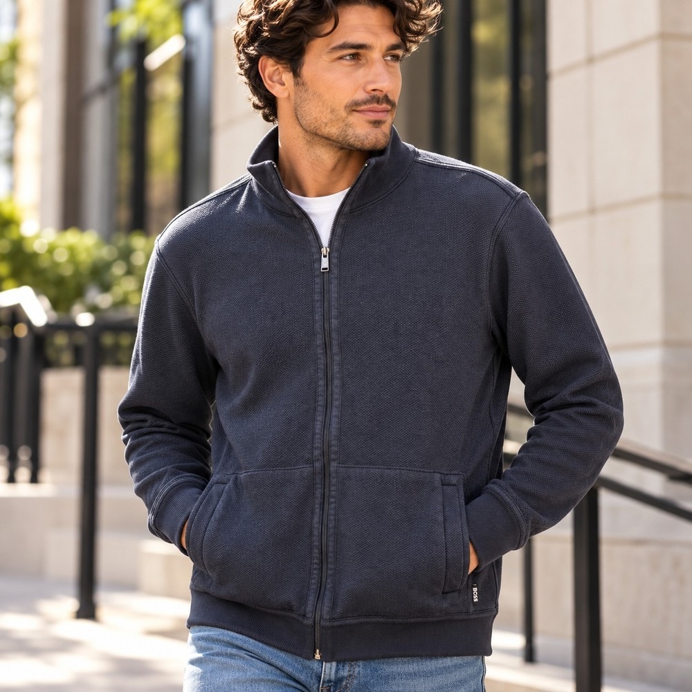 BOSS Hugo Boss Men's Full Zip Jacket Navy Blue 100% Cotton Regular Fit Medium